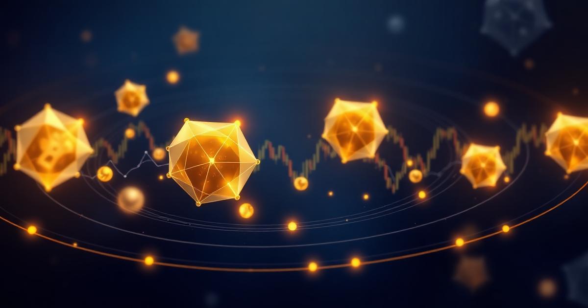 Abstract illustration of blockchain network nodes and price movement representing crypto trading