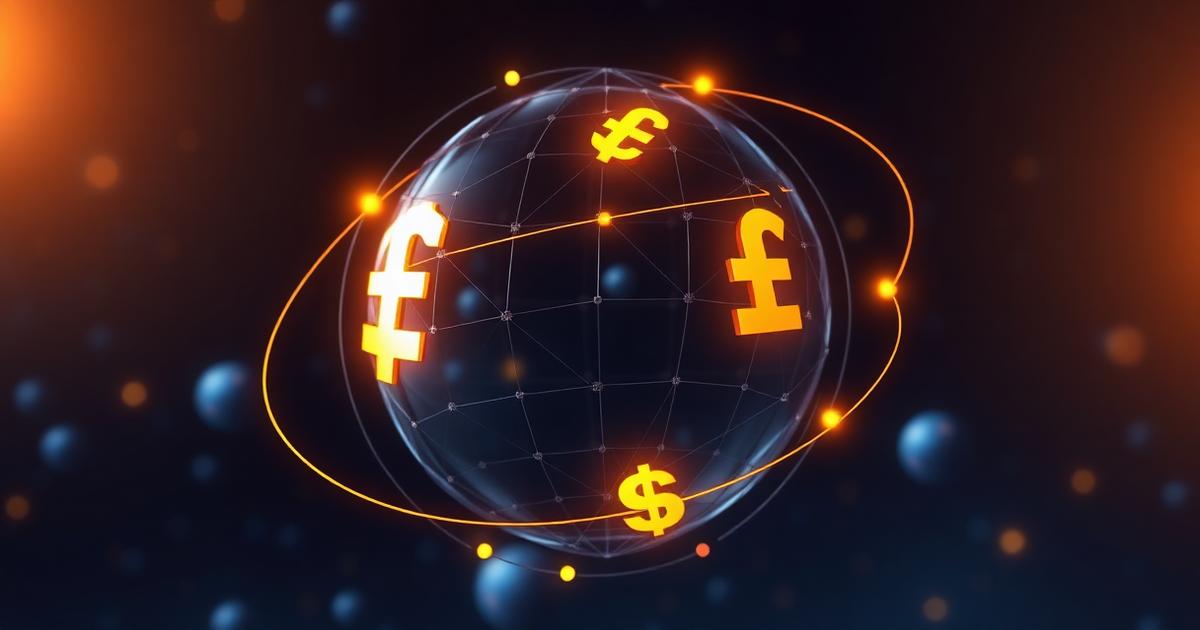 Illustration of global currency symbols orbiting a wireframe globe representing forex trading