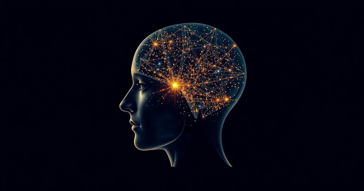 Crystalline profile of a head filled with gold light points, representing trading psychology