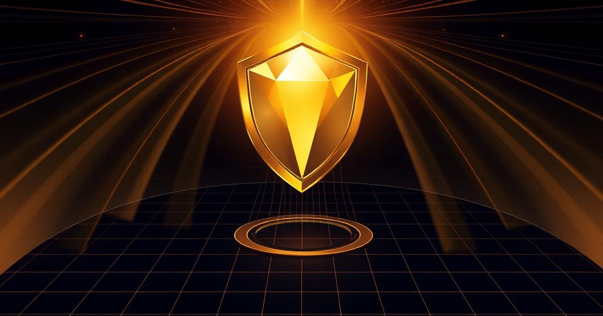 Gold crystalline shield deflecting light beams, representing risk management in trading