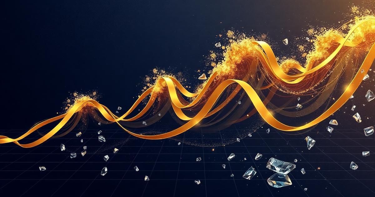 Gold waveform ribbons scattering crystal shards, illustrating market volatility